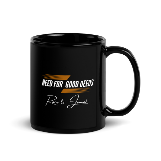 MUG Glossy Black - NEED FOR GOOD DEEDS - White/Orange
