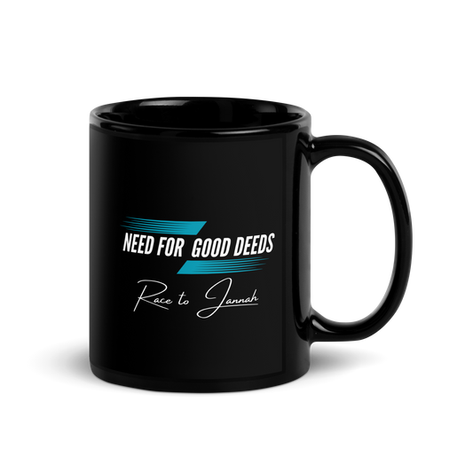 MUG Glossy Black - NEED FOR GOOD DEEDS - White/Light Blue