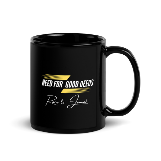 MUG Glossy Black - NEED FOR GOOD DEEDS - White/Yellow