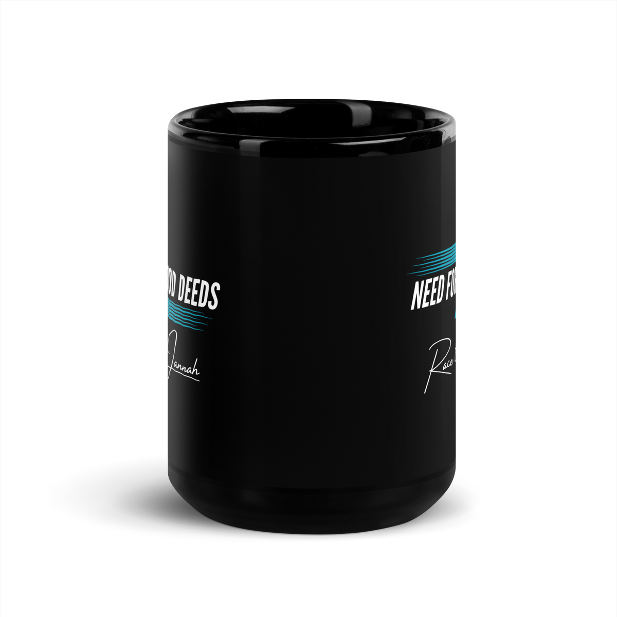MUG Glossy Black - NEED FOR GOOD DEEDS - White/Light Blue