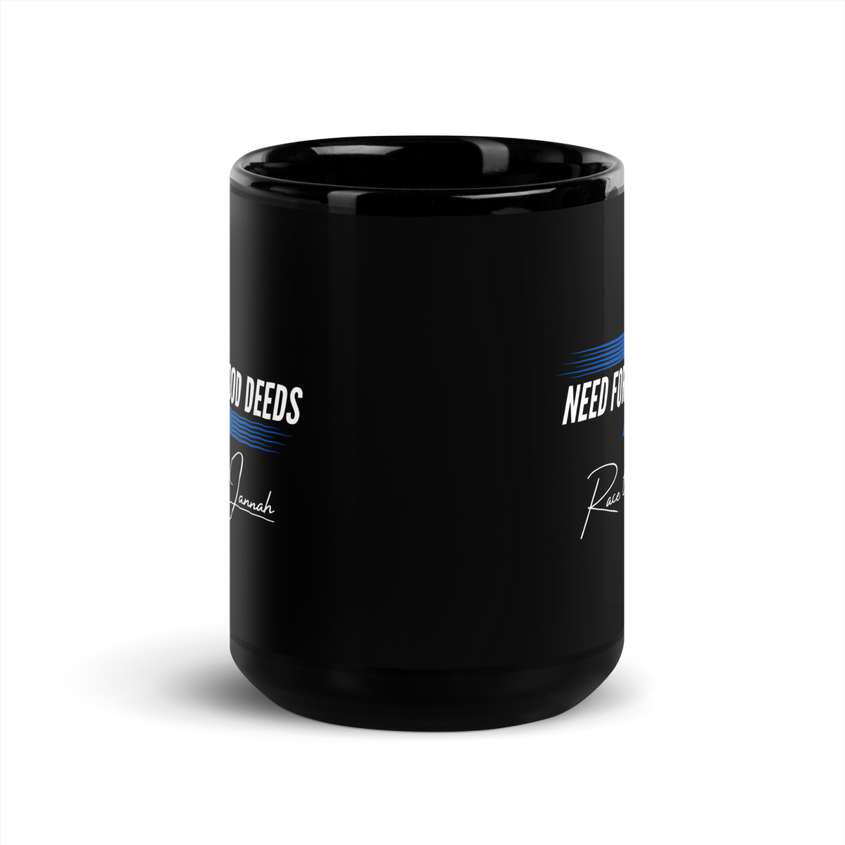 MUG Glossy Black - NEED FOR GOOD DEEDS - White/Blue