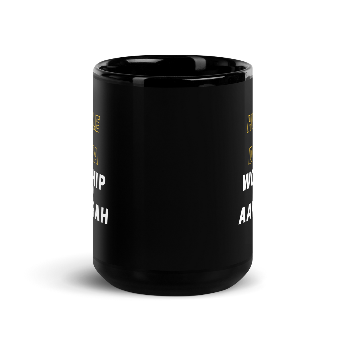 MUG Glossy Black - HUSTLE & WORSHIP - Gold/White