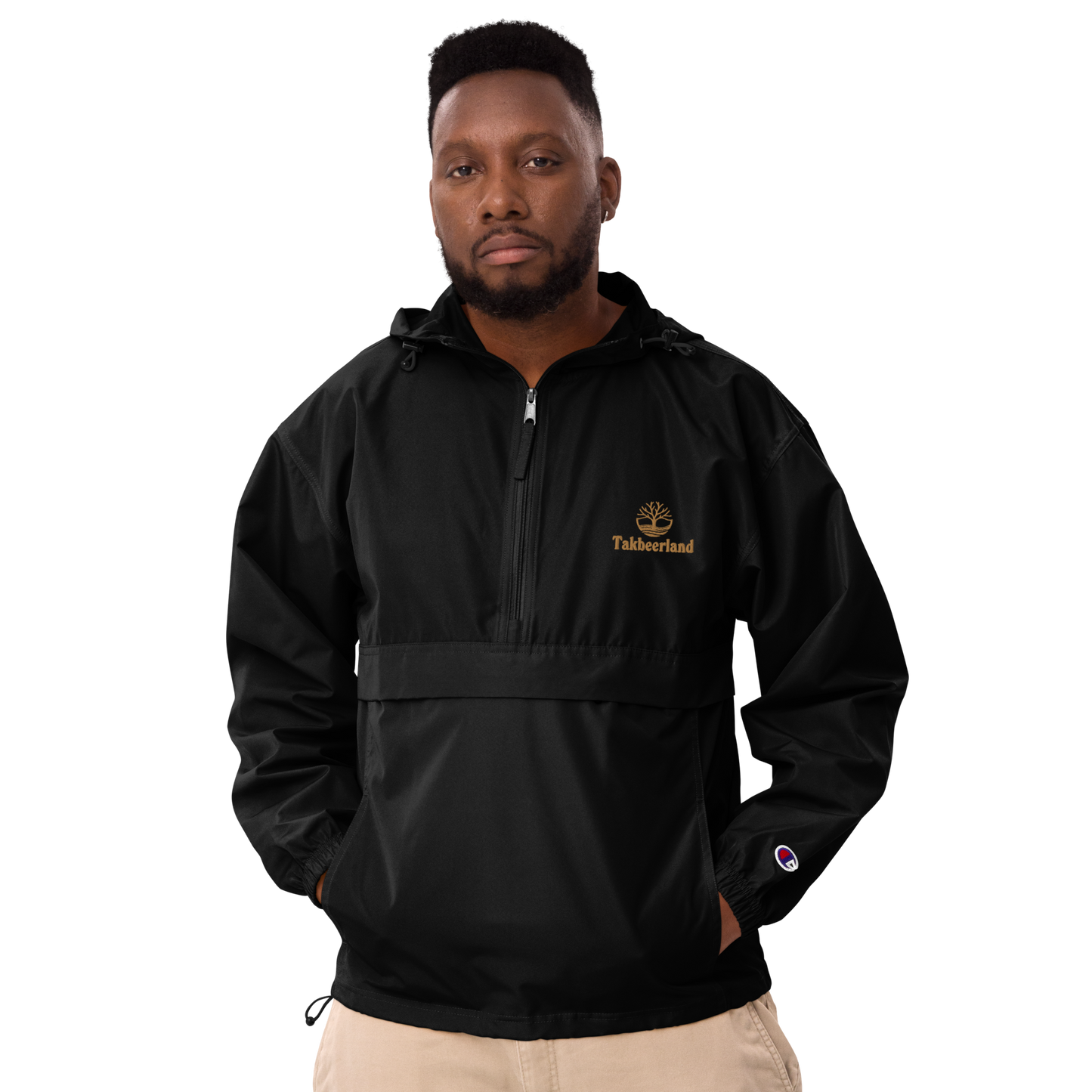 JACKET HOODIE Champion Packable (Adult) - TAKBEERLAND FULL LOGO (Left Chest) w/ LOGO (Right Arm/Back) - Gold Stitch
