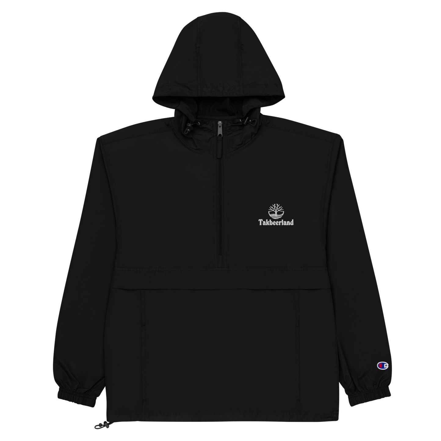 JACKET HOODIE Champion Packable (Adult) - TAKBEERLAND FULL LOGO (Left Chest) w/ LOGO (Right Arm/Back) - White Stitch