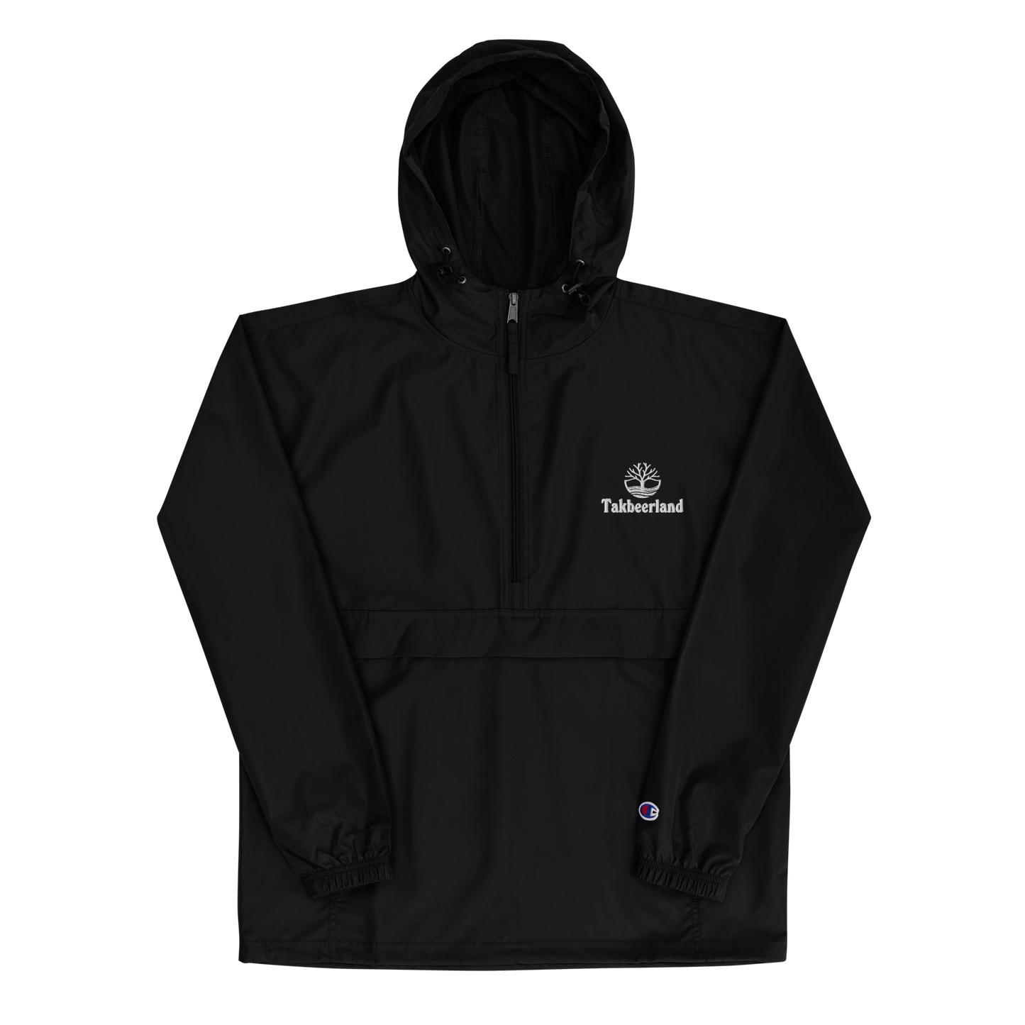 JACKET HOODIE Champion Packable (Adult) - TAKBEERLAND FULL LOGO (Left Chest) w/ LOGO (Right Arm/Back) - White Stitch