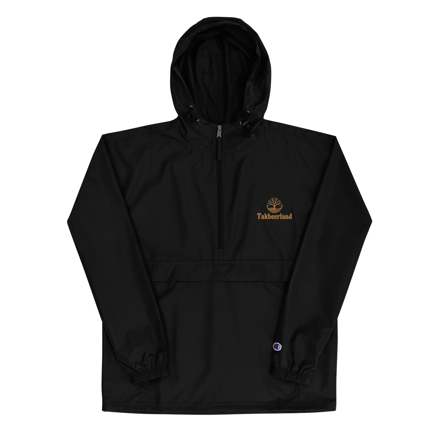 JACKET HOODIE Champion Packable (Adult) - TAKBEERLAND FULL LOGO (Left Chest) w/ LOGO (Right Arm/Back) - Gold Stitch