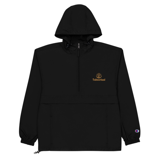 JACKET HOODIE Champion Packable (Adult) - TAKBEERLAND FULL LOGO (Left Chest) w/ LOGO (Right Arm/Back) - Gold Stitch