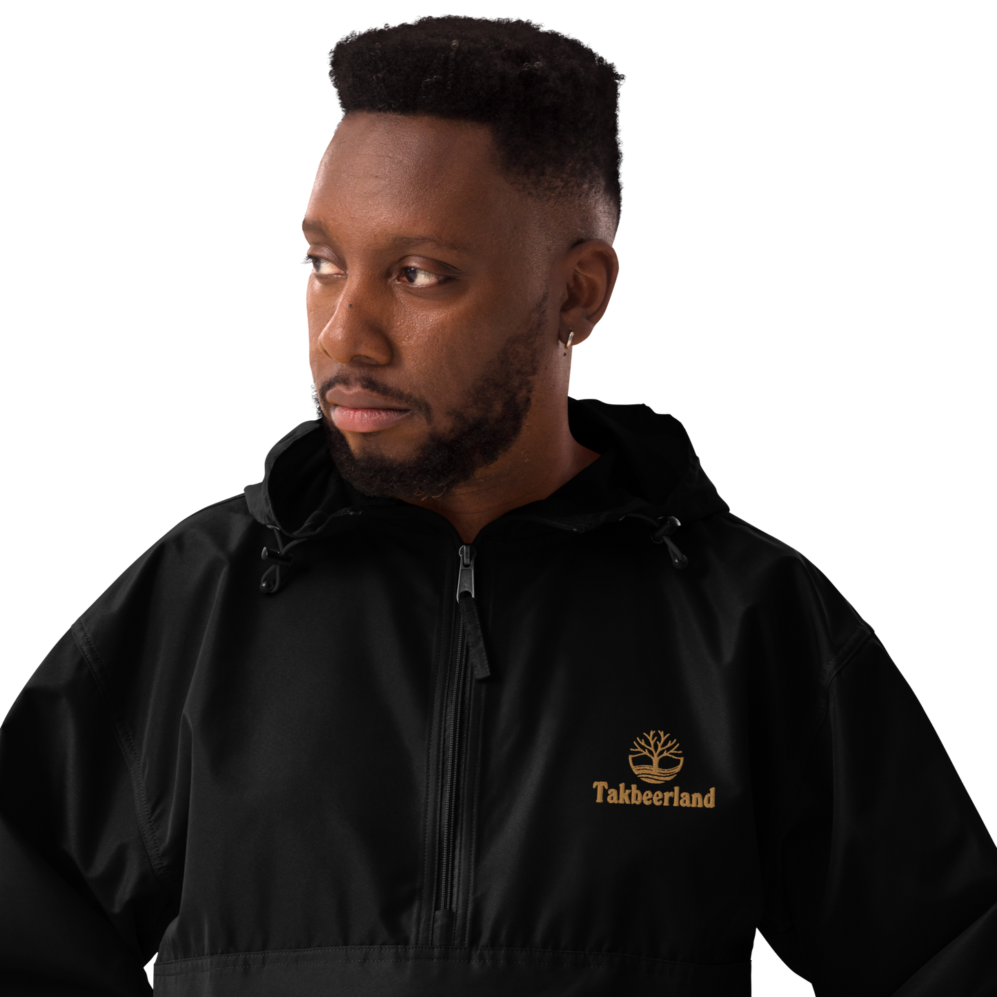 JACKET HOODIE Champion Packable (Adult) - TAKBEERLAND FULL LOGO (Left Chest) w/ LOGO (Right Arm/Back) - Gold Stitch