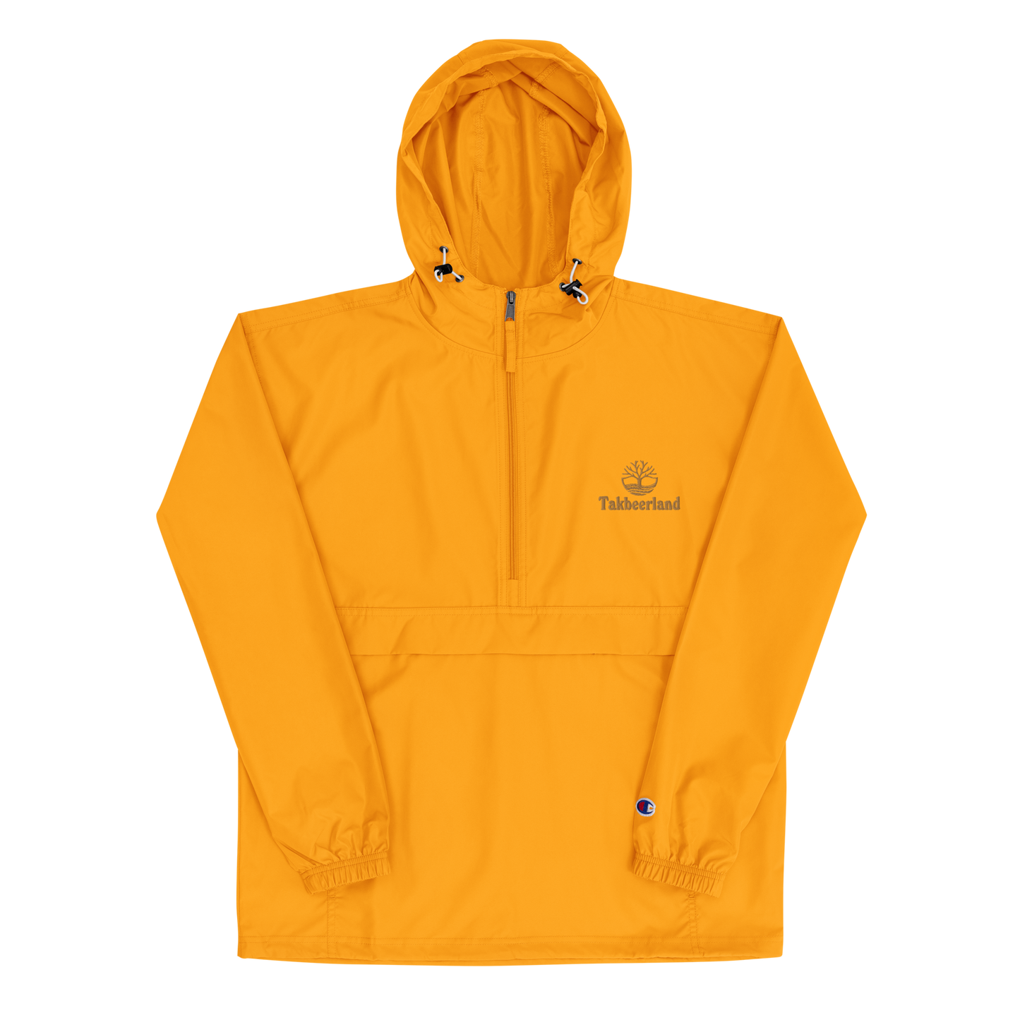 JACKET HOODIE Champion Packable (Adult) - TAKBEERLAND FULL LOGO (Left Chest) w/ LOGO (Right Arm/Back) - Gold Stitch