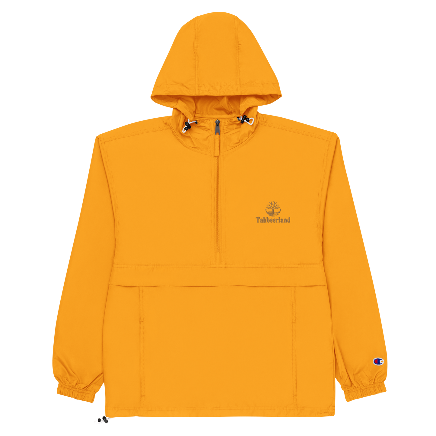 JACKET HOODIE Champion Packable (Adult) - TAKBEERLAND FULL LOGO (Left Chest) w/ LOGO (Right Arm/Back) - Gold Stitch