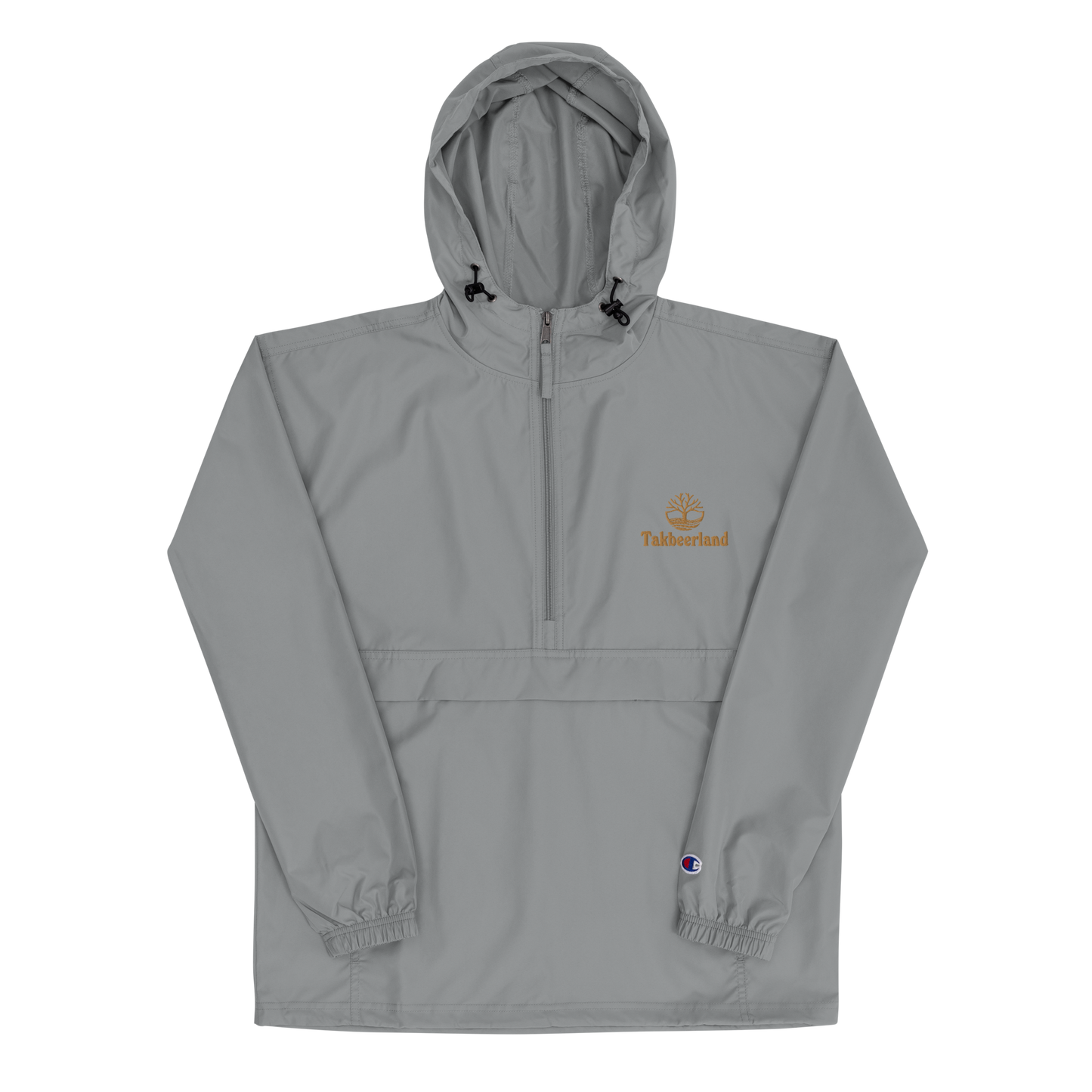 JACKET HOODIE Champion Packable (Adult) - TAKBEERLAND FULL LOGO (Left Chest) w/ LOGO (Right Arm/Back) - Gold Stitch