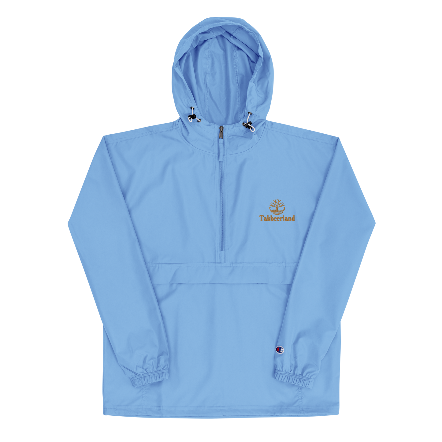 JACKET HOODIE Champion Packable (Adult) - TAKBEERLAND FULL LOGO (Left Chest) w/ LOGO (Right Arm/Back) - Gold Stitch