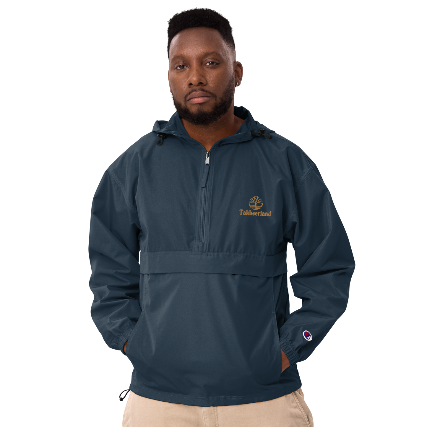 JACKET HOODIE Champion Packable (Adult) - TAKBEERLAND FULL LOGO (Left Chest) w/ LOGO (Right Arm/Back) - Gold Stitch