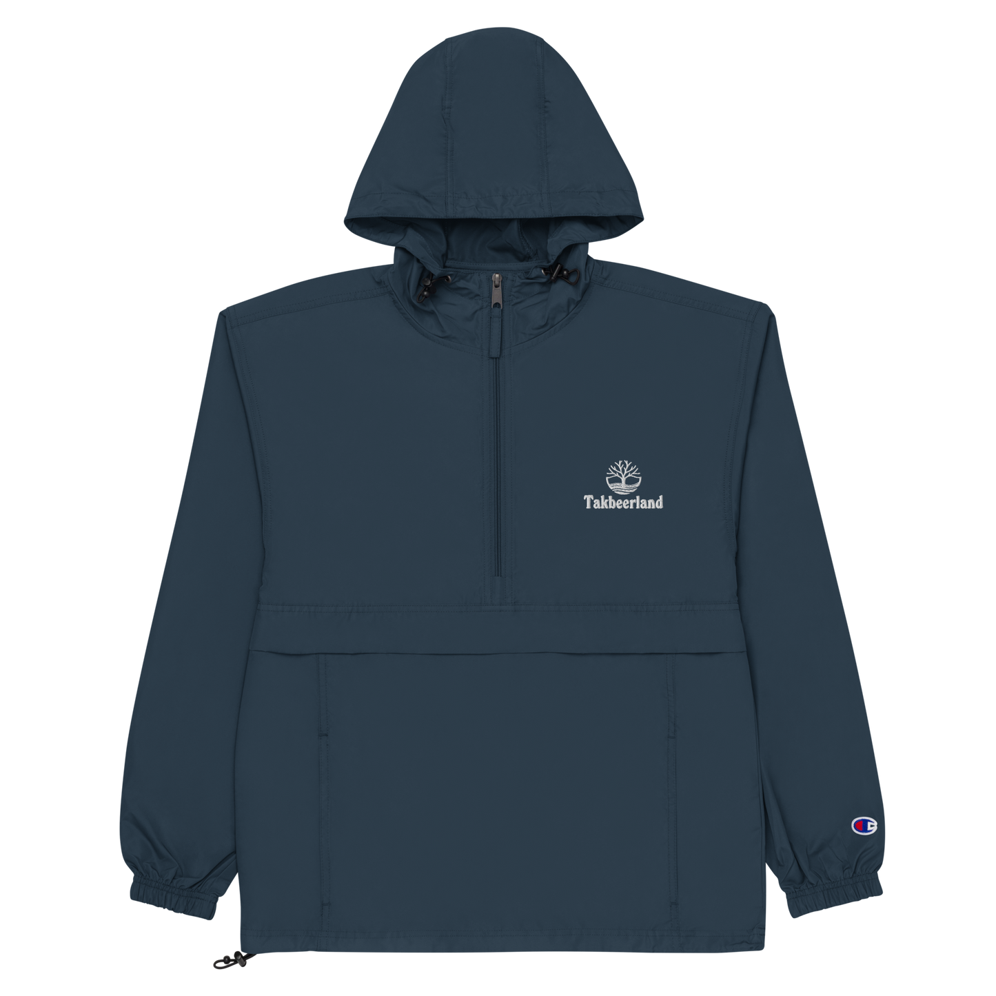 JACKET HOODIE Champion Packable (Adult) - TAKBEERLAND FULL LOGO (Left Chest) w/ LOGO (Right Arm/Back) - White Stitch