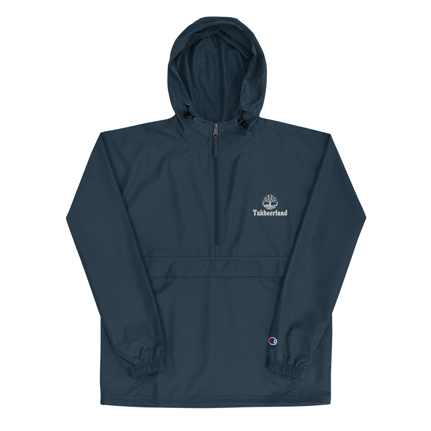 JACKET HOODIE Champion Packable (Adult) - TAKBEERLAND FULL LOGO (Left Chest) w/ LOGO (Right Arm/Back) - White Stitch