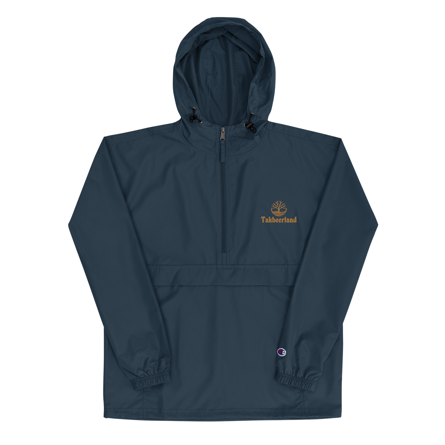 JACKET HOODIE Champion Packable (Adult) - TAKBEERLAND FULL LOGO (Left Chest) w/ LOGO (Right Arm/Back) - Gold Stitch