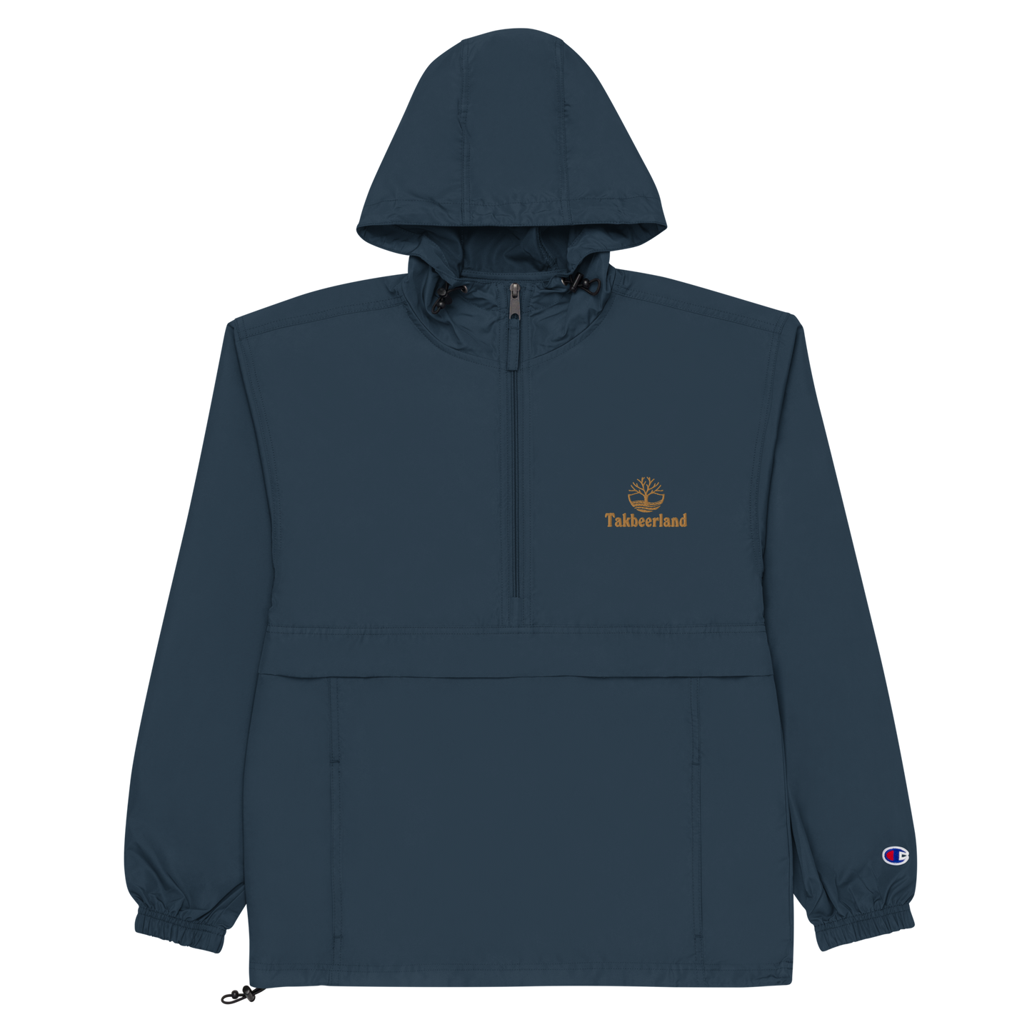 JACKET HOODIE Champion Packable (Adult) - TAKBEERLAND FULL LOGO (Left Chest) w/ LOGO (Right Arm/Back) - Gold Stitch