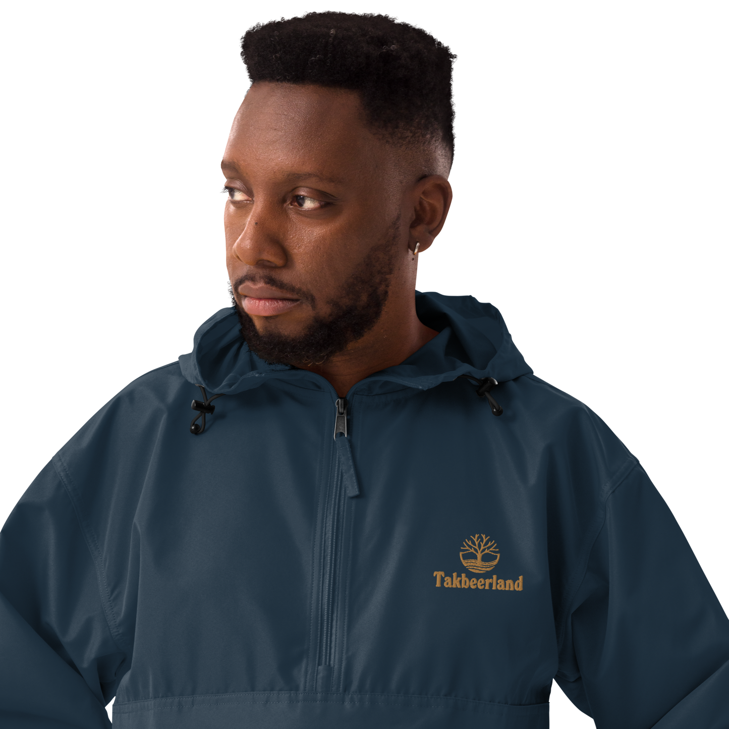 JACKET HOODIE Champion Packable (Adult) - TAKBEERLAND FULL LOGO (Left Chest) w/ LOGO (Right Arm/Back) - Gold Stitch