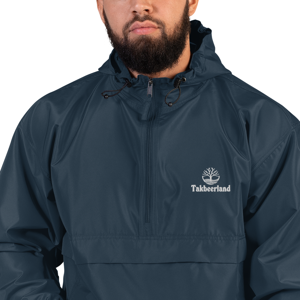 JACKET HOODIE Champion Packable (Adult) - TAKBEERLAND FULL LOGO (Left Chest) w/ LOGO (Right Arm/Back) - White Stitch