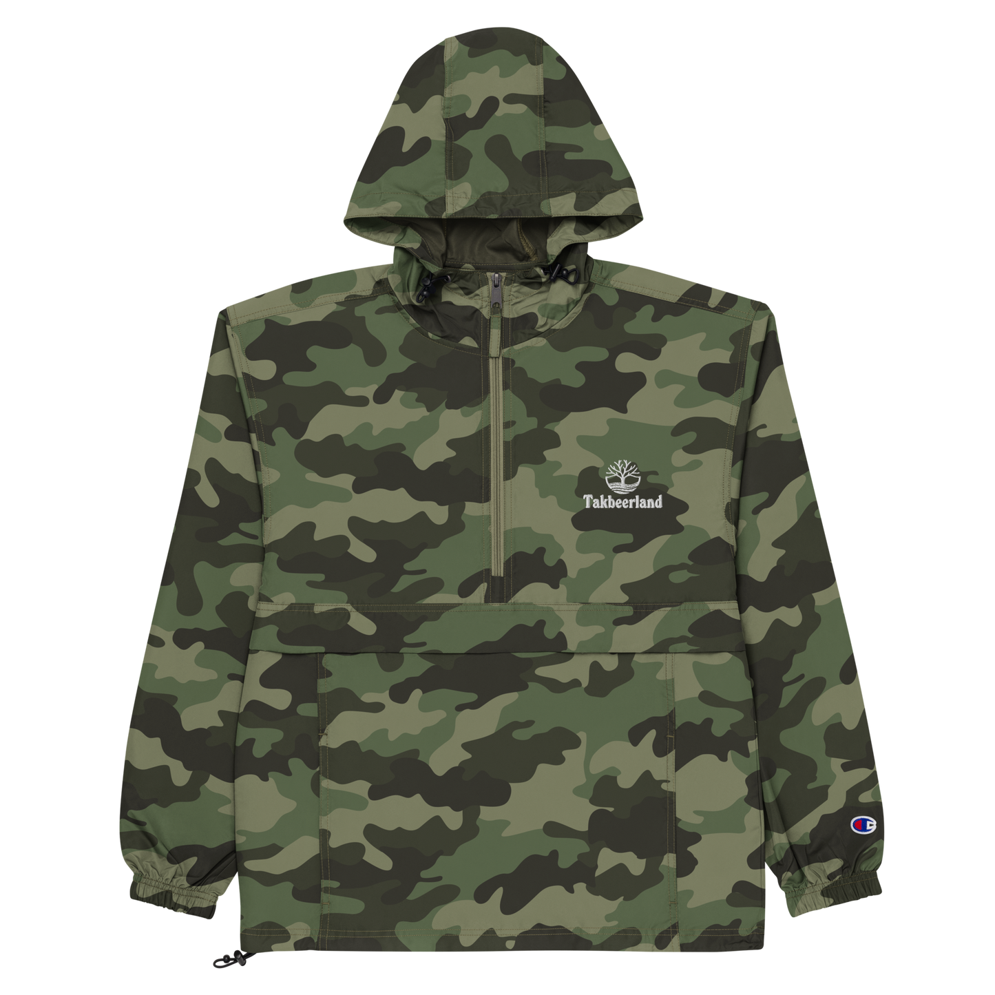 JACKET HOODIE Champion Packable (Adult) - TAKBEERLAND FULL LOGO (Left Chest) w/ LOGO (Right Arm/Back) - White Stitch