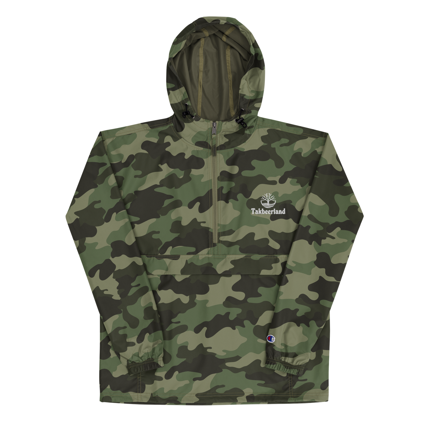 JACKET HOODIE Champion Packable (Adult) - TAKBEERLAND FULL LOGO (Left Chest) w/ LOGO (Right Arm/Back) - White Stitch