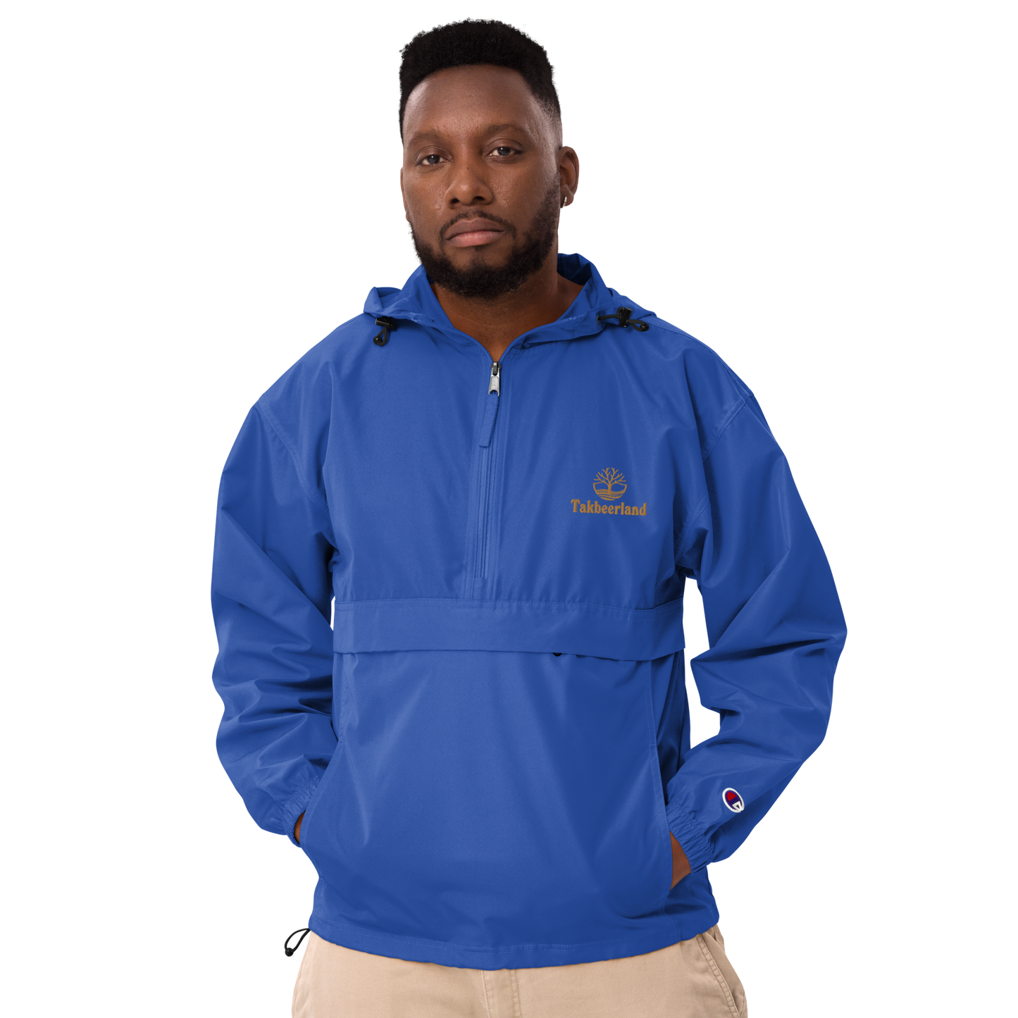 JACKET HOODIE Champion Packable (Adult) - TAKBEERLAND FULL LOGO (Left Chest) w/ LOGO (Right Arm/Back) - Gold Stitch