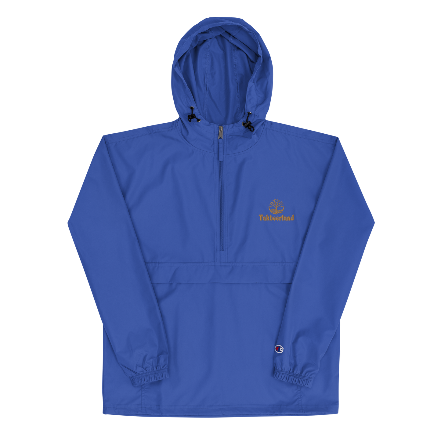 JACKET HOODIE Champion Packable (Adult) - TAKBEERLAND FULL LOGO (Left Chest) w/ LOGO (Right Arm/Back) - Gold Stitch