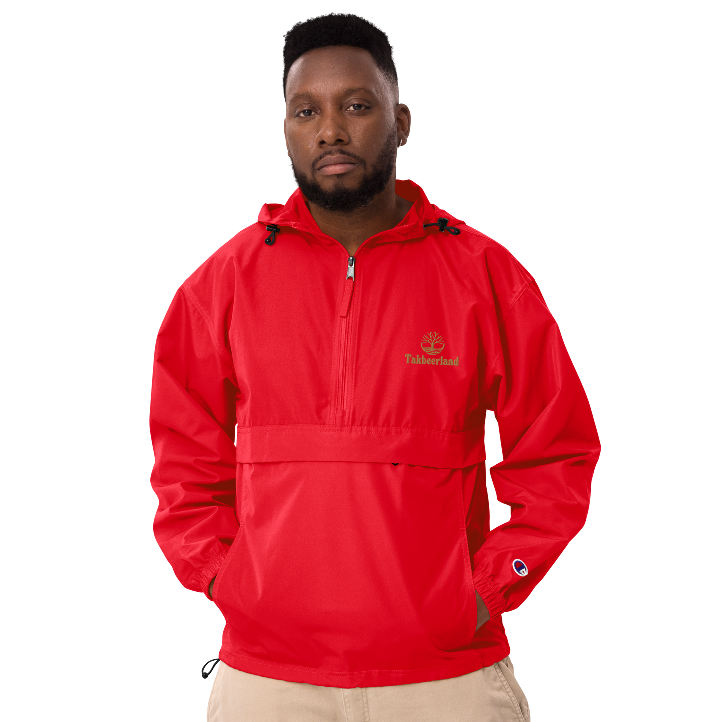 JACKET HOODIE Champion Packable (Adult) - TAKBEERLAND FULL LOGO (Left Chest) w/ LOGO (Right Arm/Back) - Gold Stitch