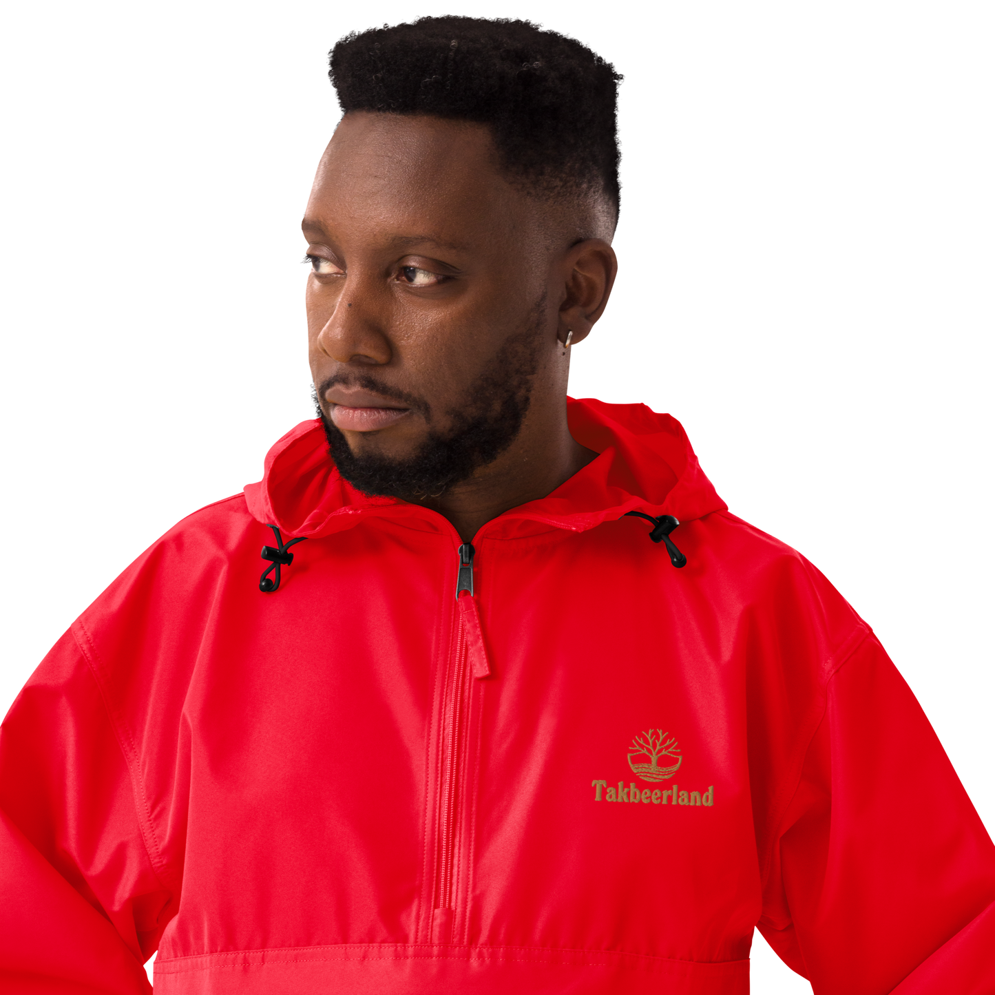 JACKET HOODIE Champion Packable (Adult) - TAKBEERLAND FULL LOGO (Left Chest) w/ LOGO (Right Arm/Back) - Gold Stitch