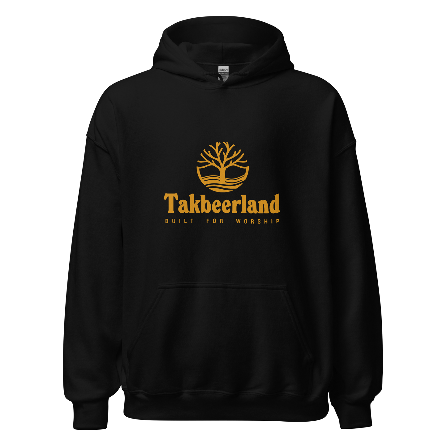 HOODIE Heavy Blend (Adult) - TAKBEERLAND FULL LOGO (Centered/Medium) - Gold