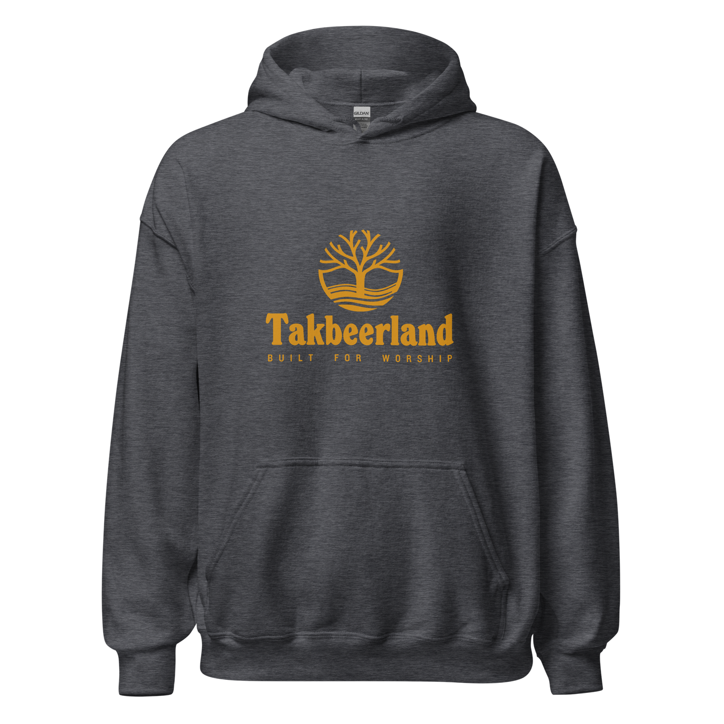 HOODIE Heavy Blend (Adult) - TAKBEERLAND FULL LOGO (Centered/Medium) - Gold
