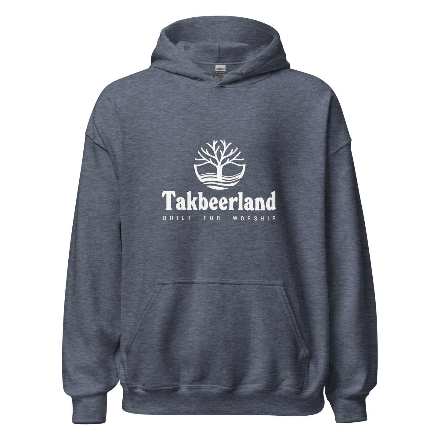HOODIE Heavy Blend (Adult) - TAKBEERLAND FULL LOGO (Centered/Medium) - White