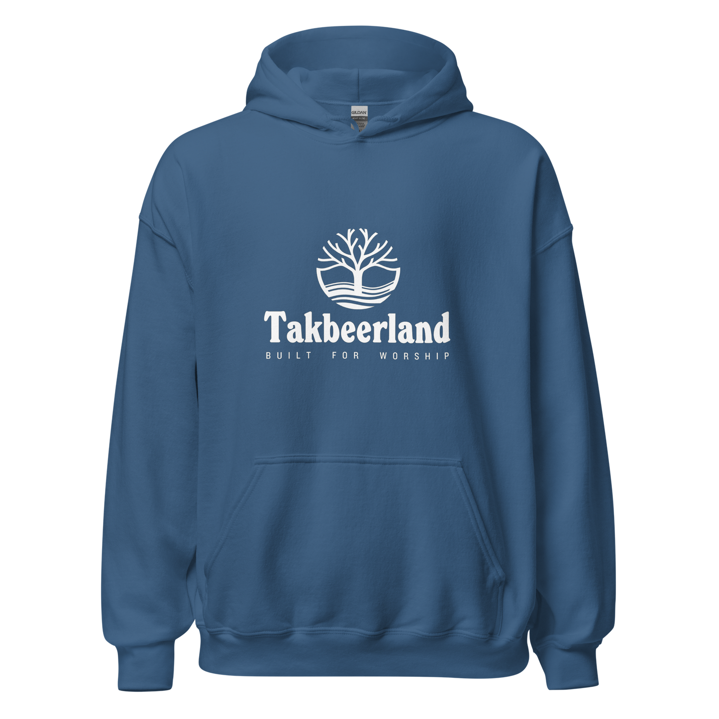 HOODIE Heavy Blend (Adult) - TAKBEERLAND FULL LOGO (Centered/Medium) - White