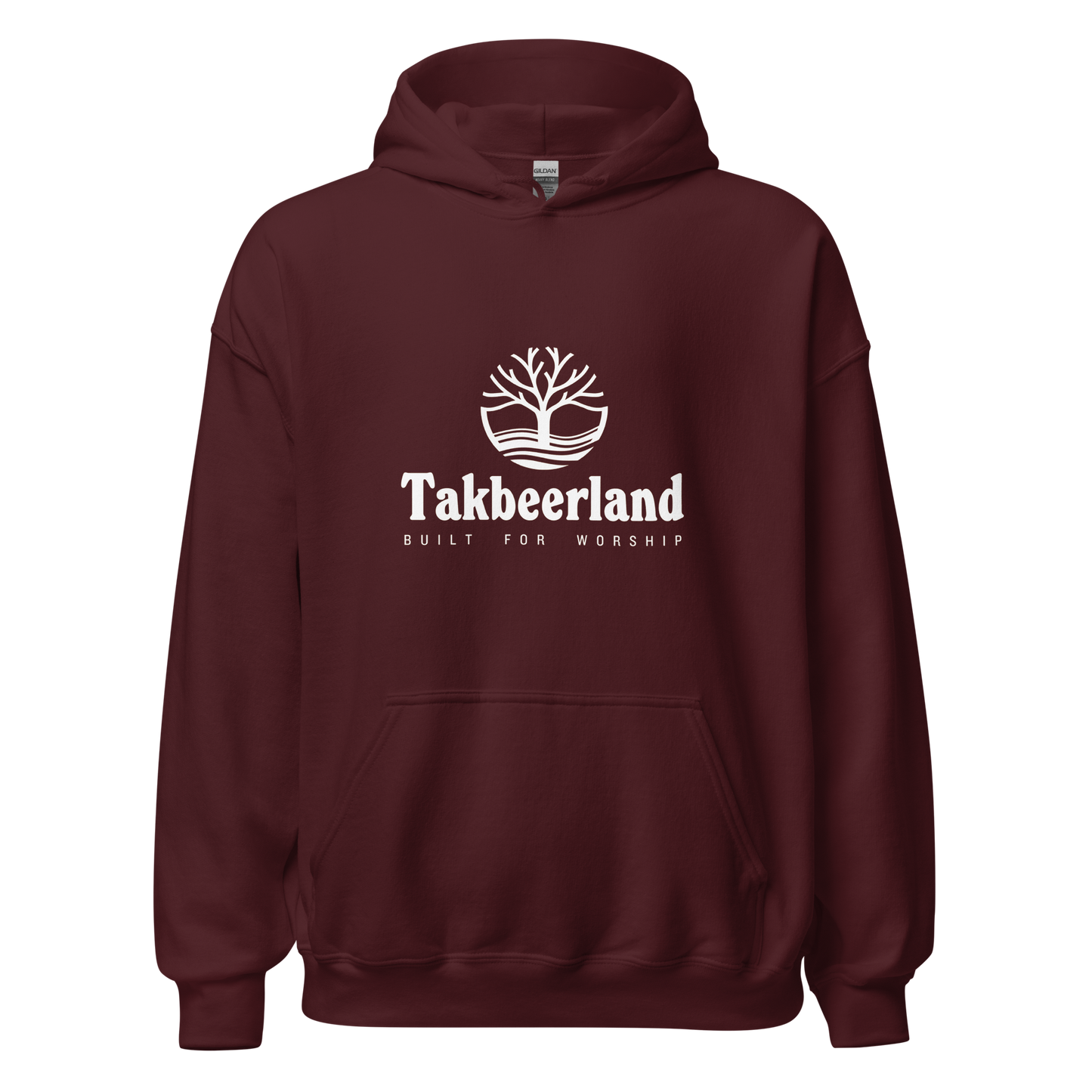 HOODIE Heavy Blend (Adult) - TAKBEERLAND FULL LOGO (Centered/Medium) - White
