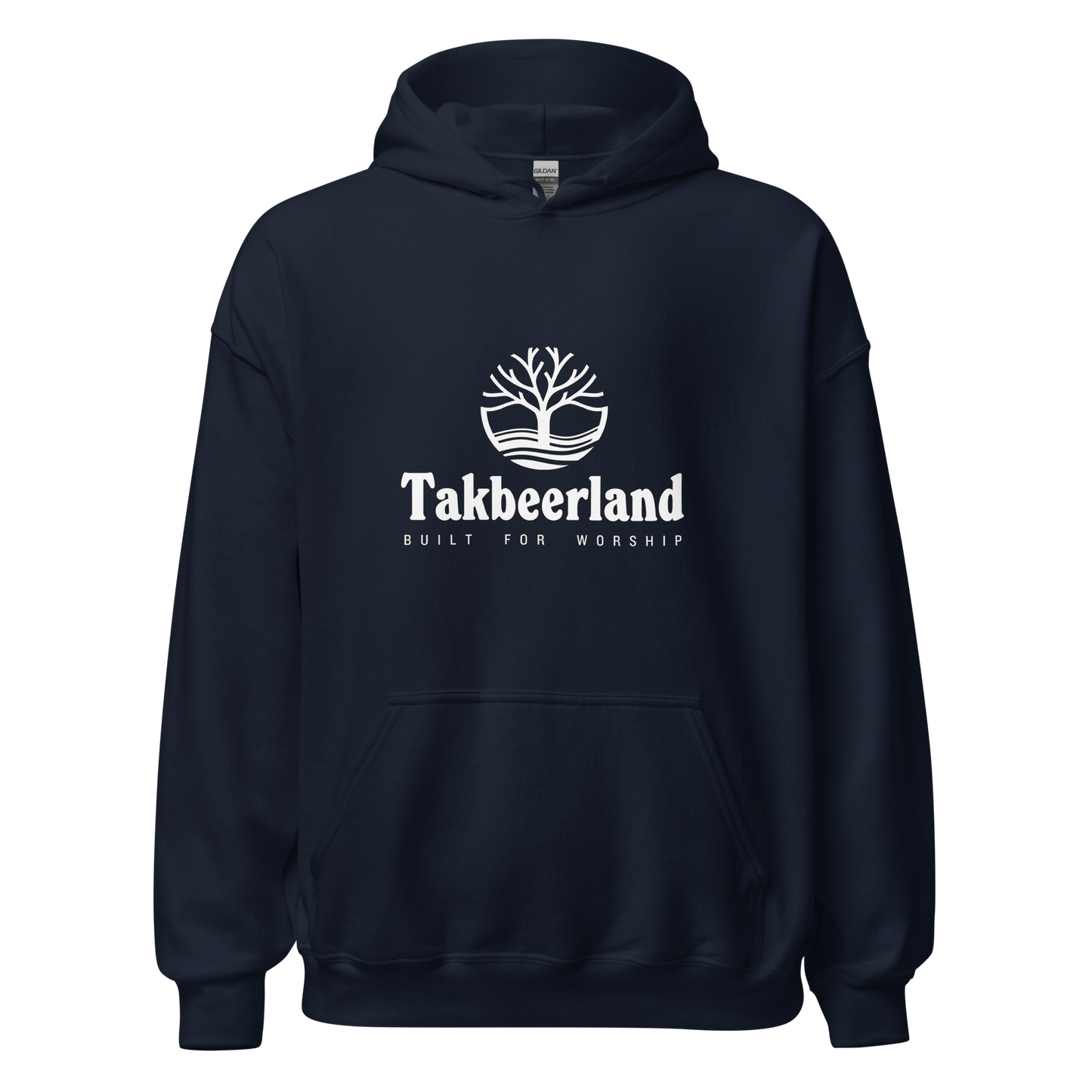 HOODIE Heavy Blend (Adult) - TAKBEERLAND FULL LOGO (Centered/Medium) - White