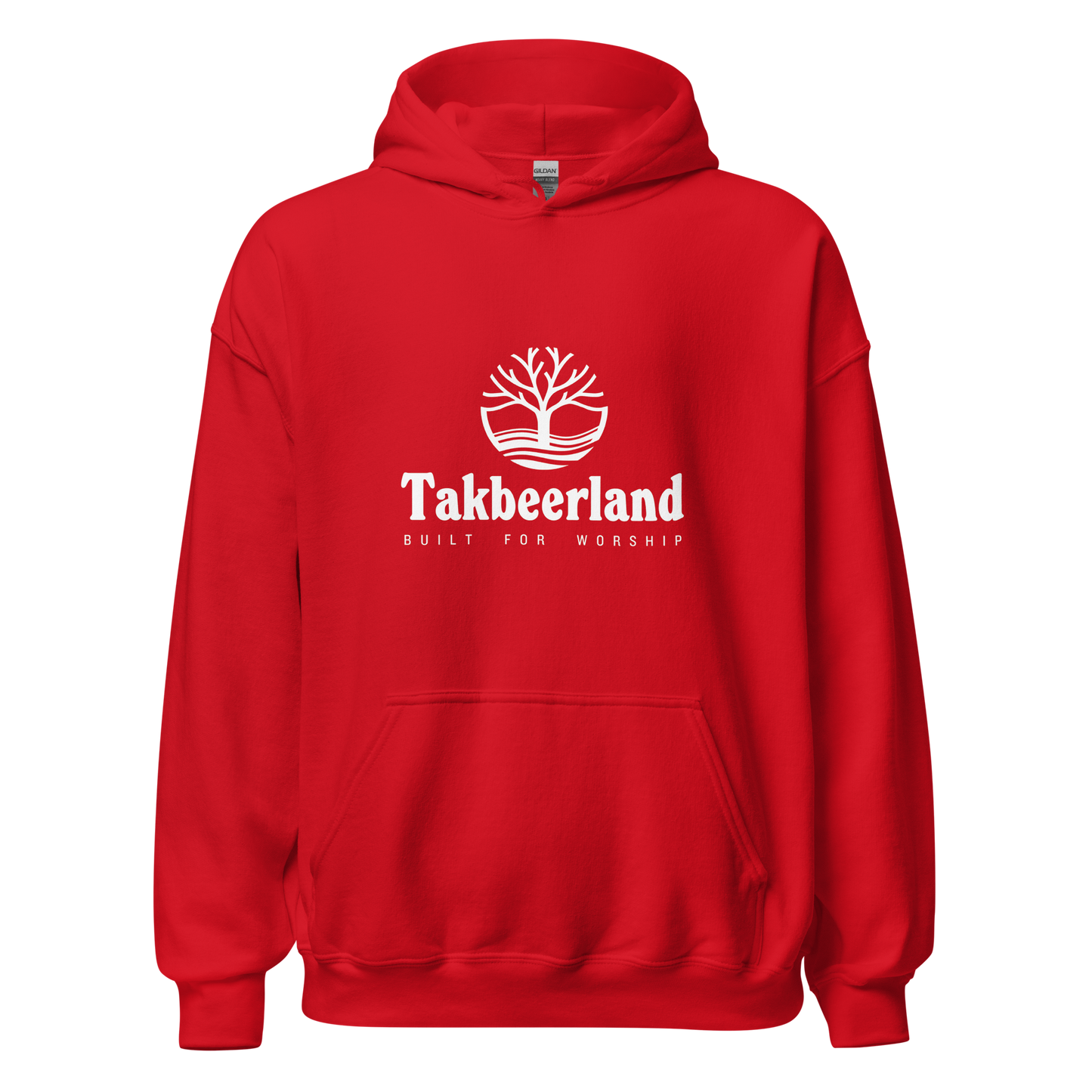HOODIE Heavy Blend (Adult) - TAKBEERLAND FULL LOGO (Centered/Medium) - White