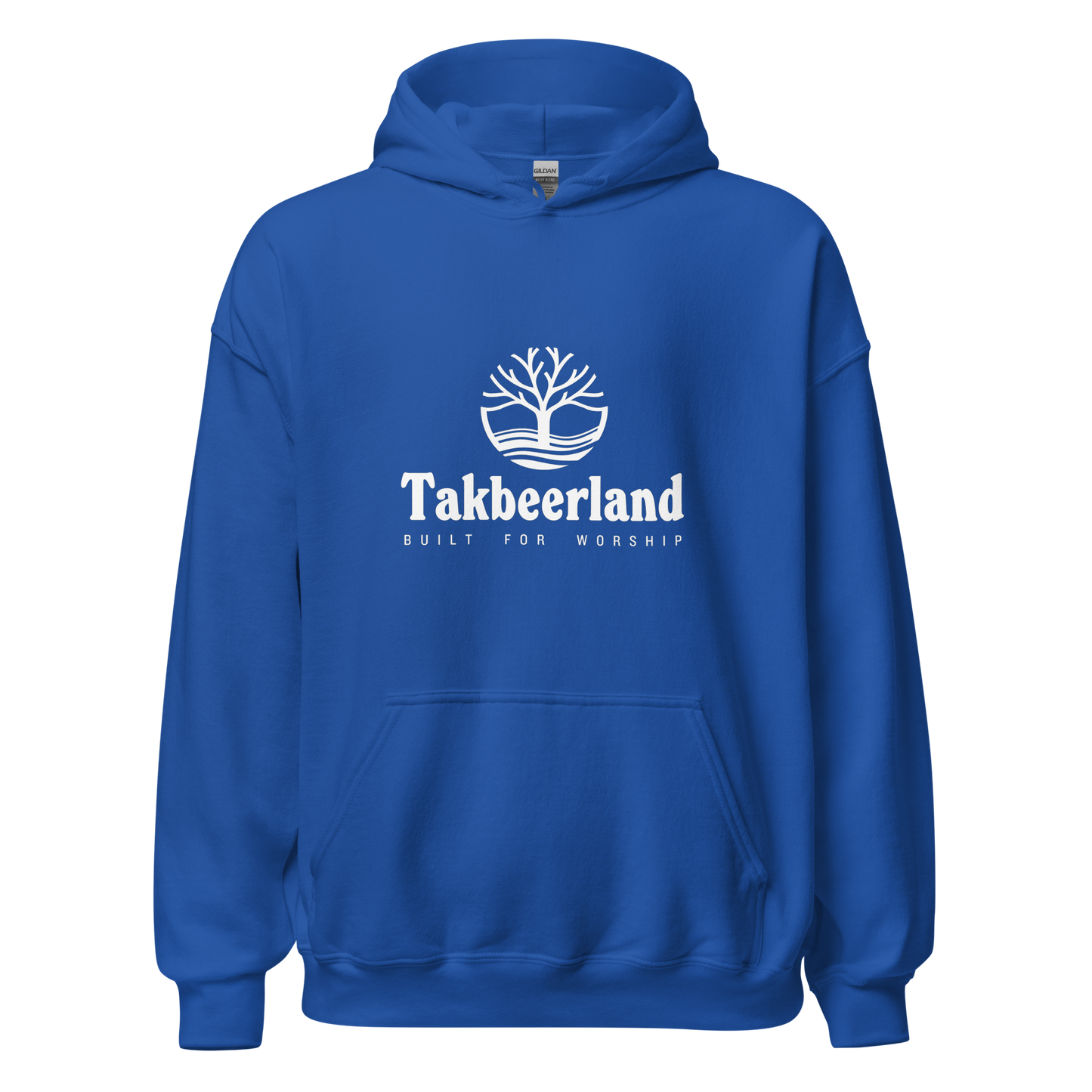 HOODIE Heavy Blend (Adult) - TAKBEERLAND FULL LOGO (Centered/Medium) - White