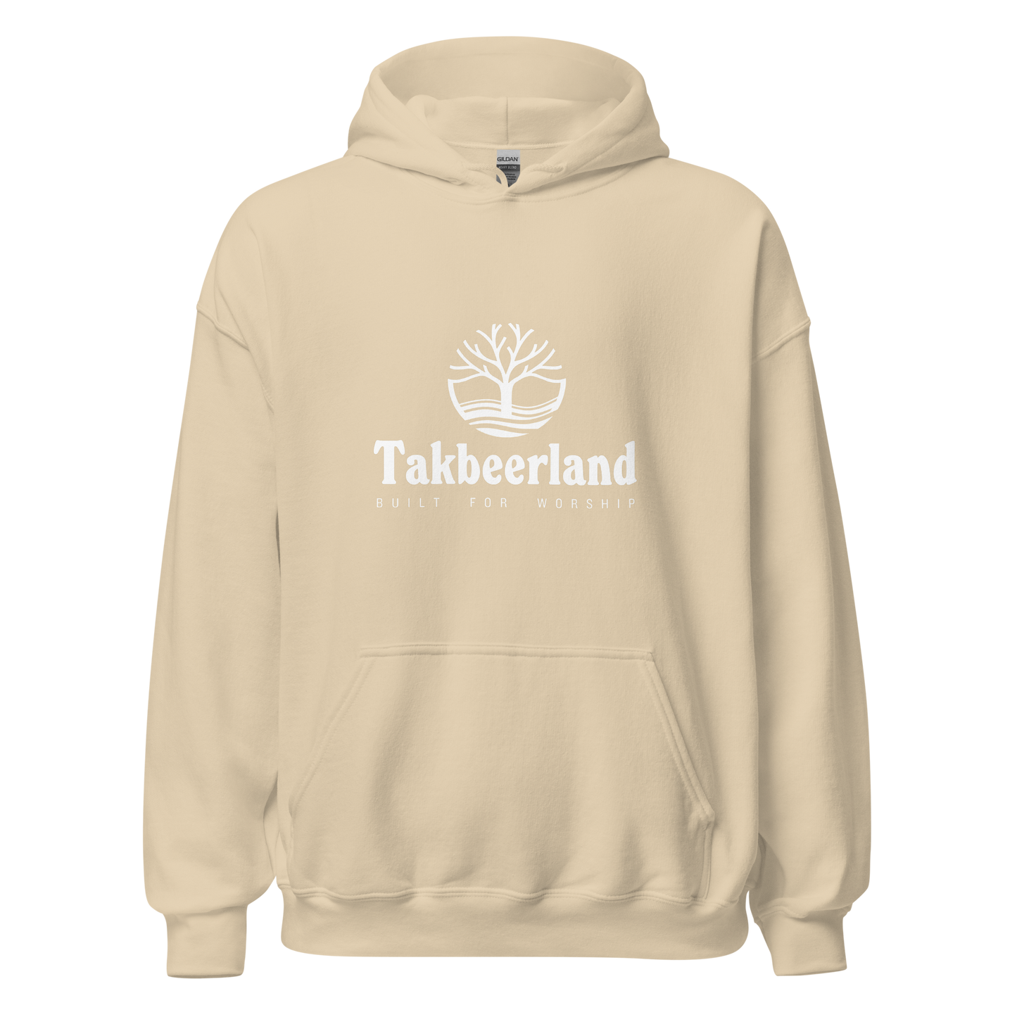 HOODIE Heavy Blend (Adult) - TAKBEERLAND FULL LOGO (Centered/Medium) - White