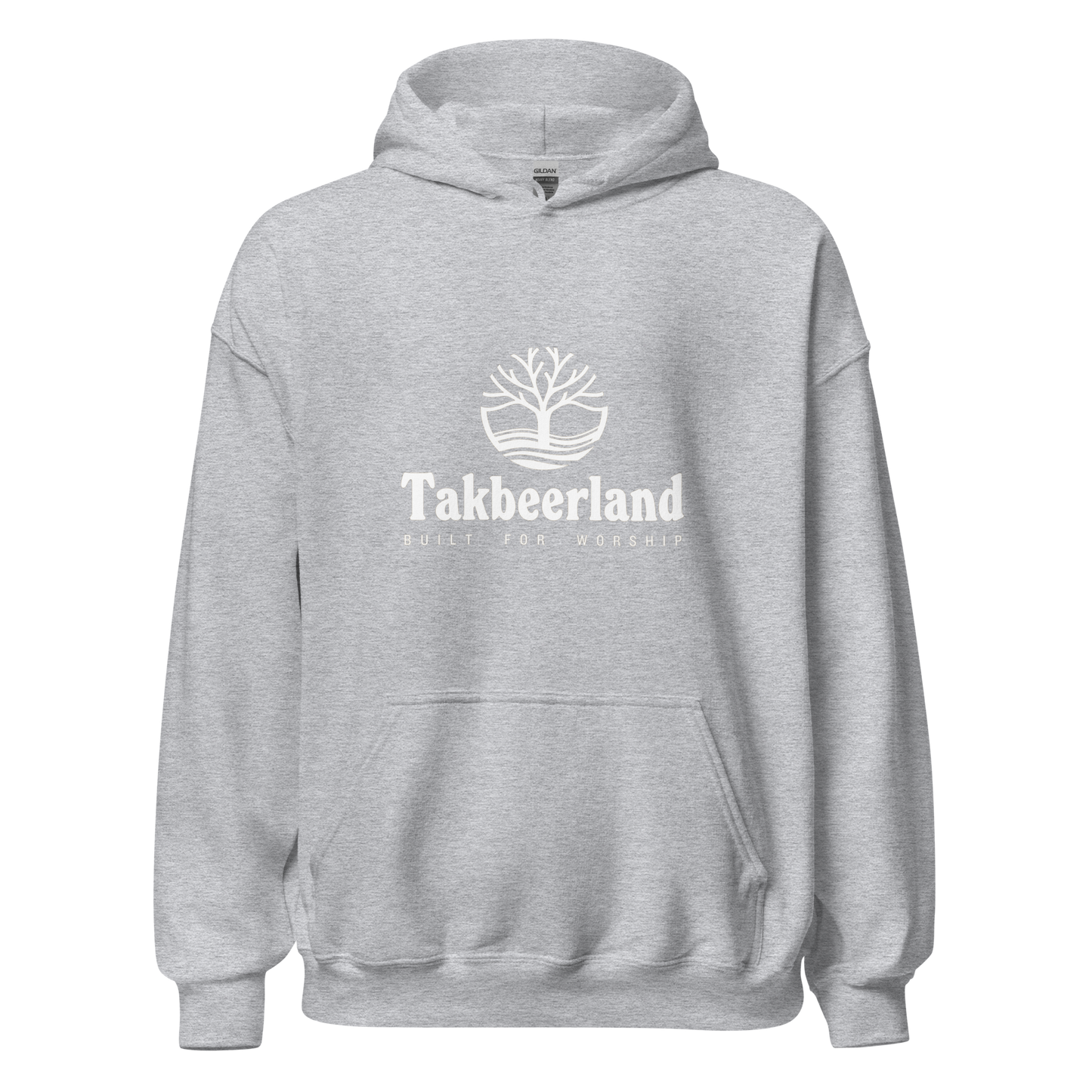 HOODIE Heavy Blend (Adult) - TAKBEERLAND FULL LOGO (Centered/Medium) - White