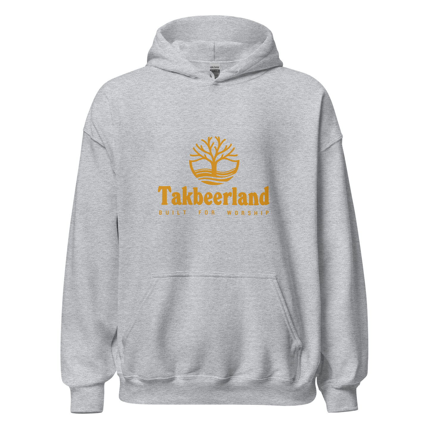 HOODIE Heavy Blend (Adult) - TAKBEERLAND FULL LOGO (Centered/Medium) - Gold