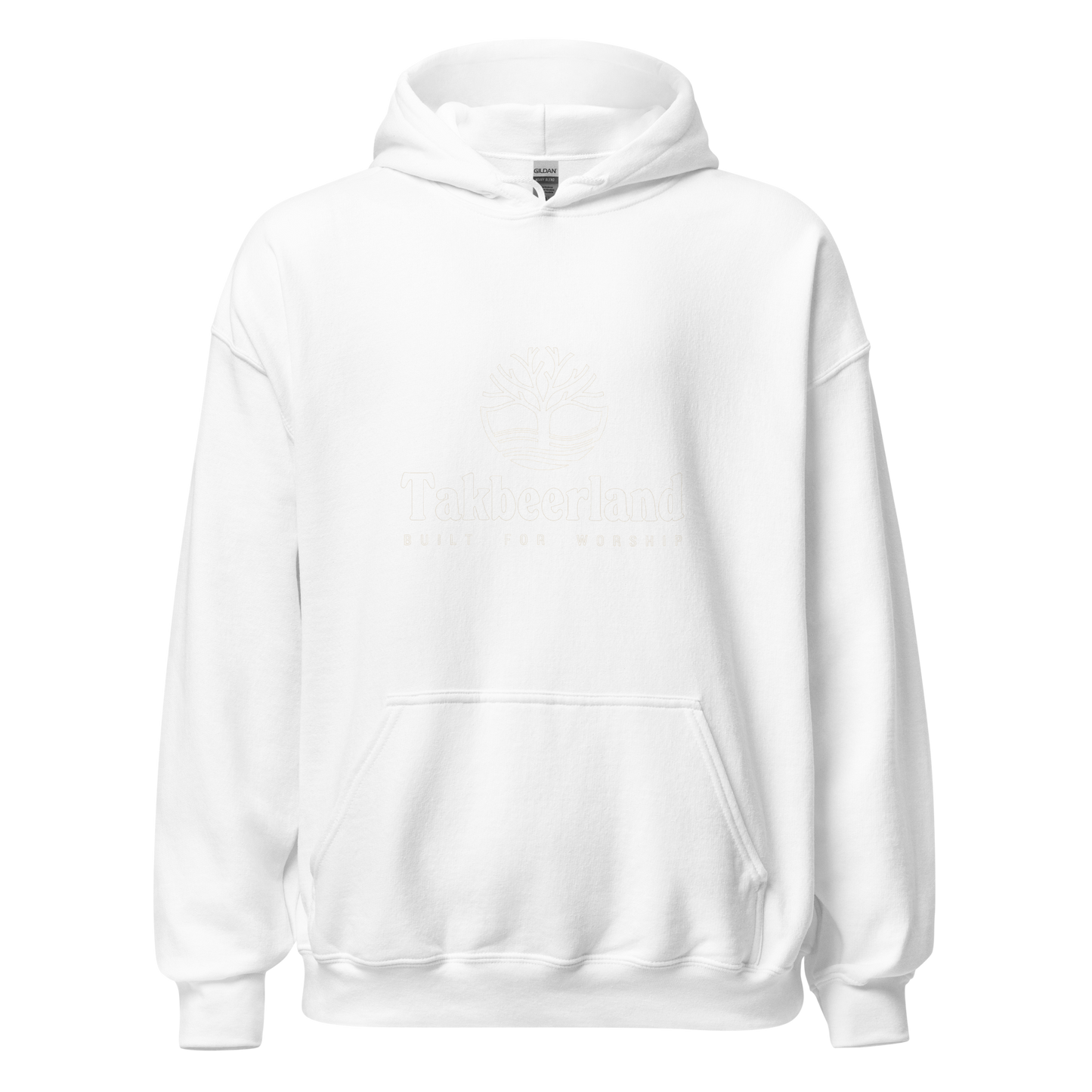 HOODIE Heavy Blend (Adult) - TAKBEERLAND FULL LOGO (Centered/Medium) - White
