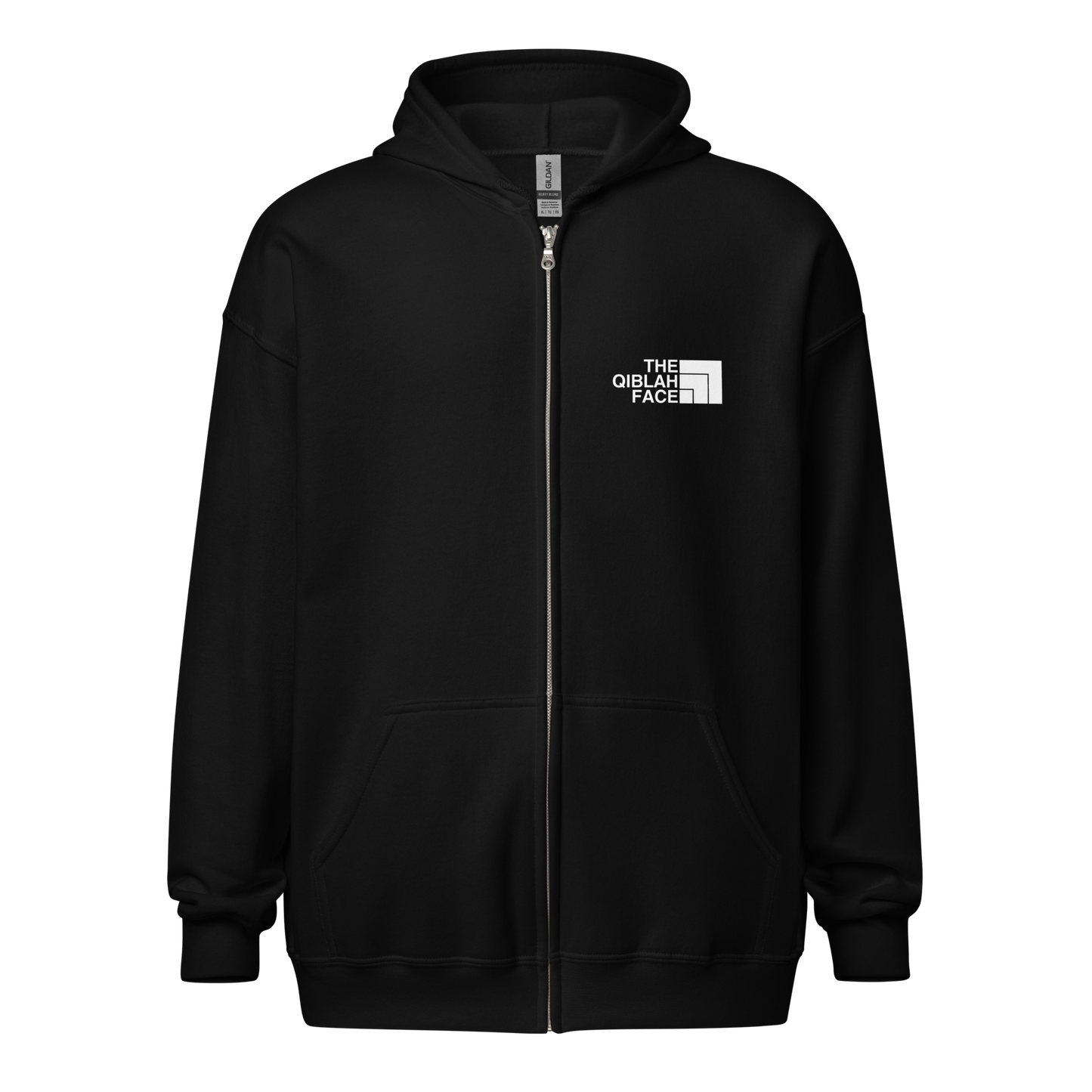 HOODIE Zip Heavy Blend (Adult) - THE QIBLAH FACE (Left Chest) w/ LOGO (Back) - White