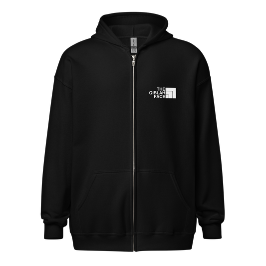 HOODIE Zip Heavy Blend (Adult) - THE QIBLAH FACE (Left Chest) w/ LOGO (Back) - White