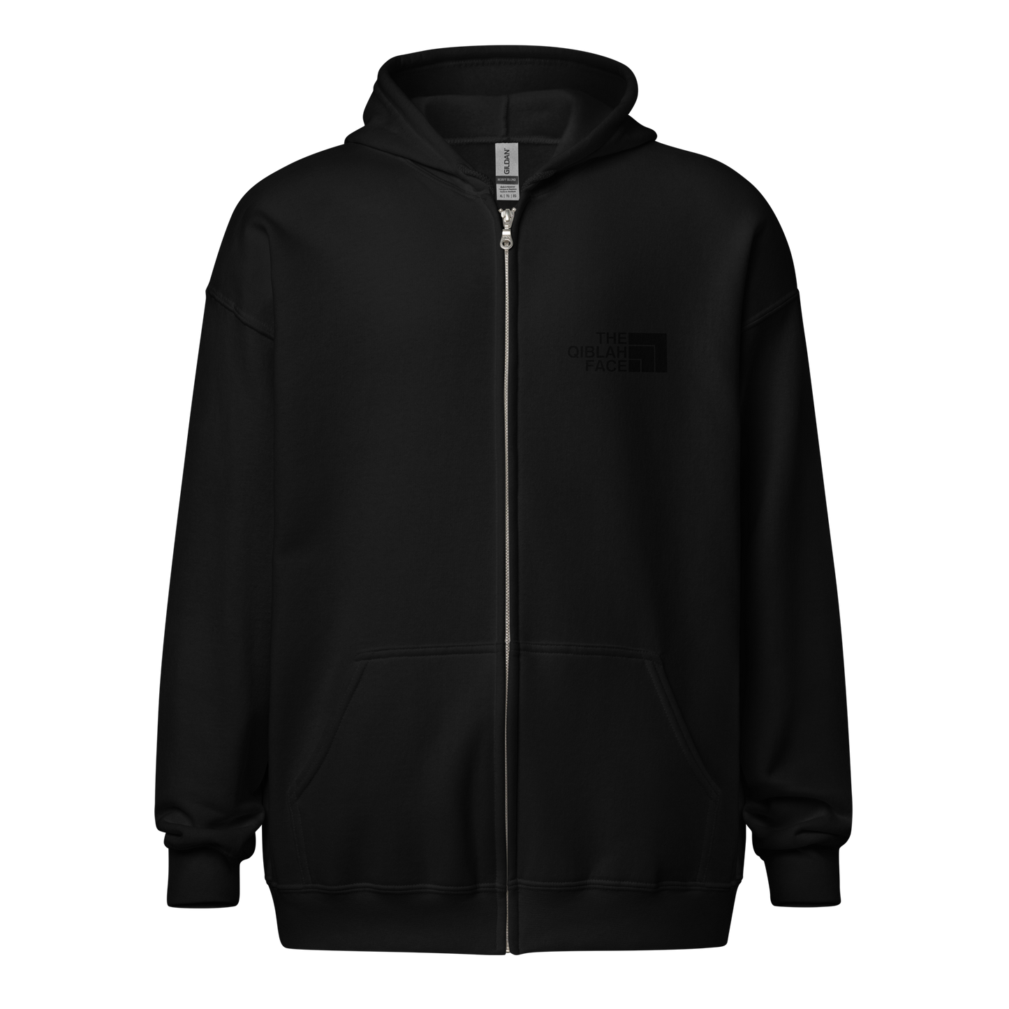 HOODIE Zip Heavy Blend (Adult) - THE QIBLAH FACE (Left Chest) w/ LOGO (Back) - Black