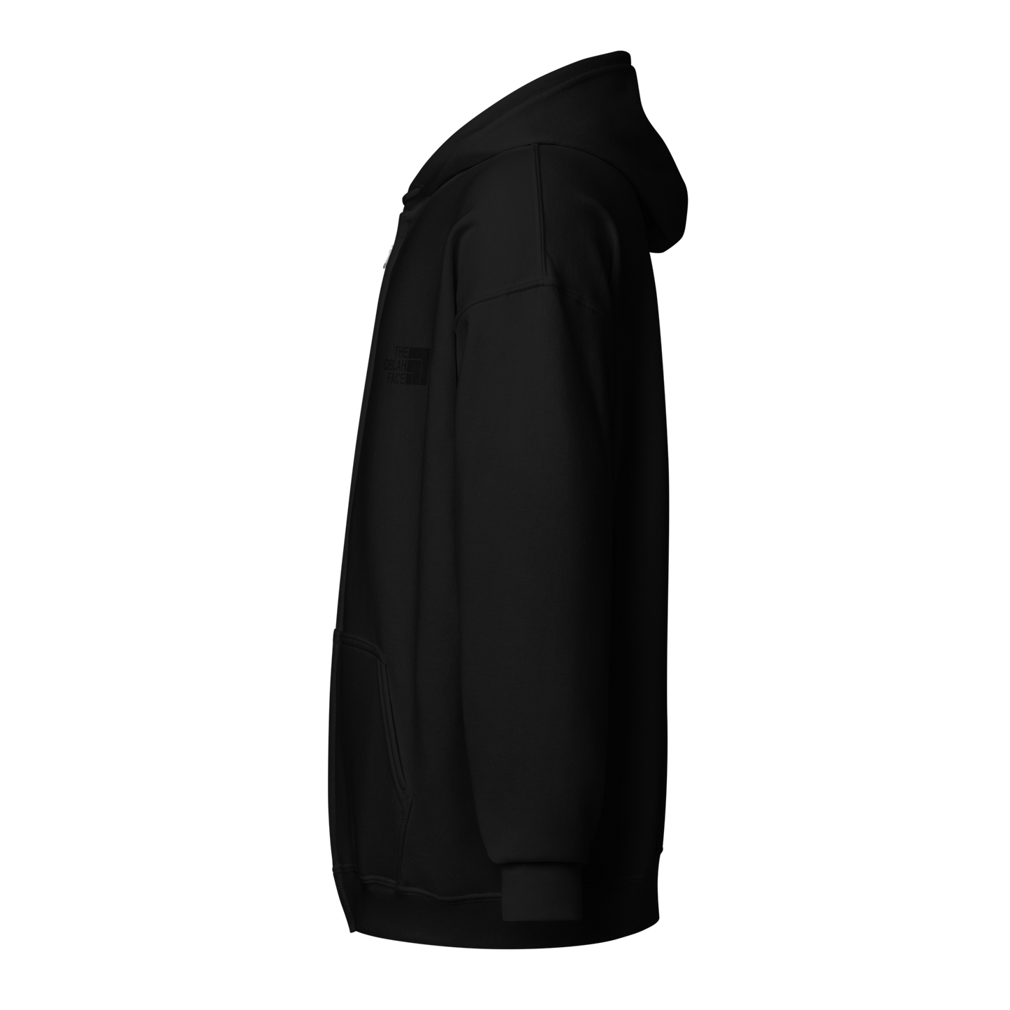 HOODIE Zip Heavy Blend (Adult) - THE QIBLAH FACE (Left Chest) w/ LOGO (Back) - Black