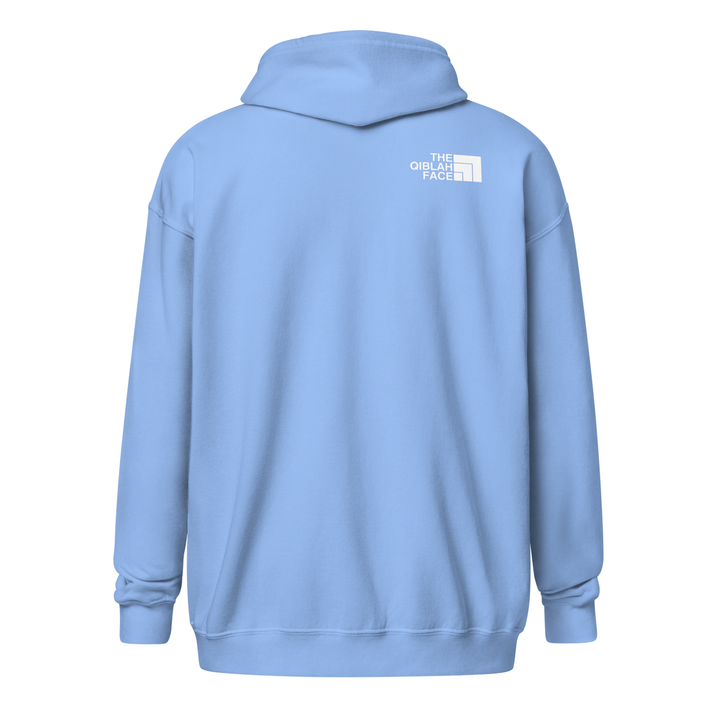 HOODIE Zip Heavy Blend (Adult) - THE QIBLAH FACE (Left Chest) w/ LOGO (Back) - White