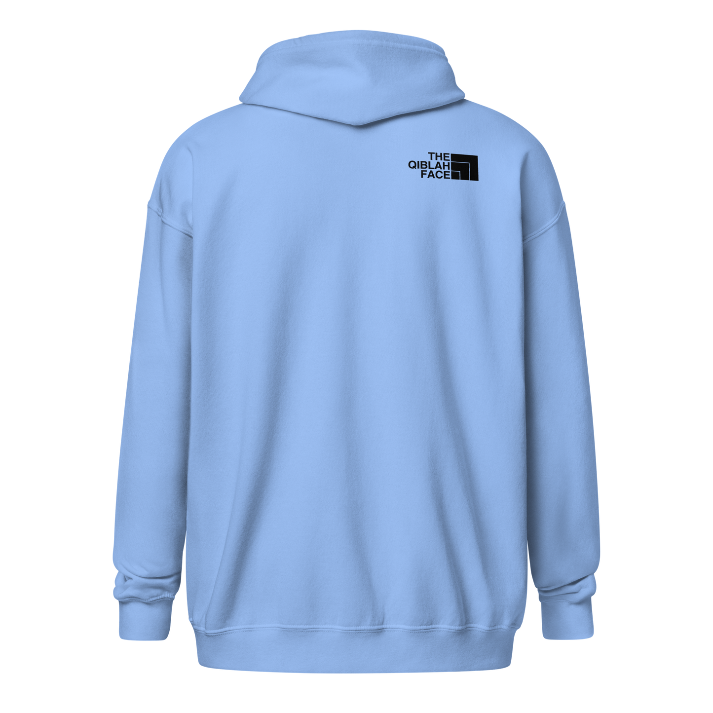 HOODIE Zip Heavy Blend (Adult) - THE QIBLAH FACE (Left Chest) w/ LOGO (Back) - Black