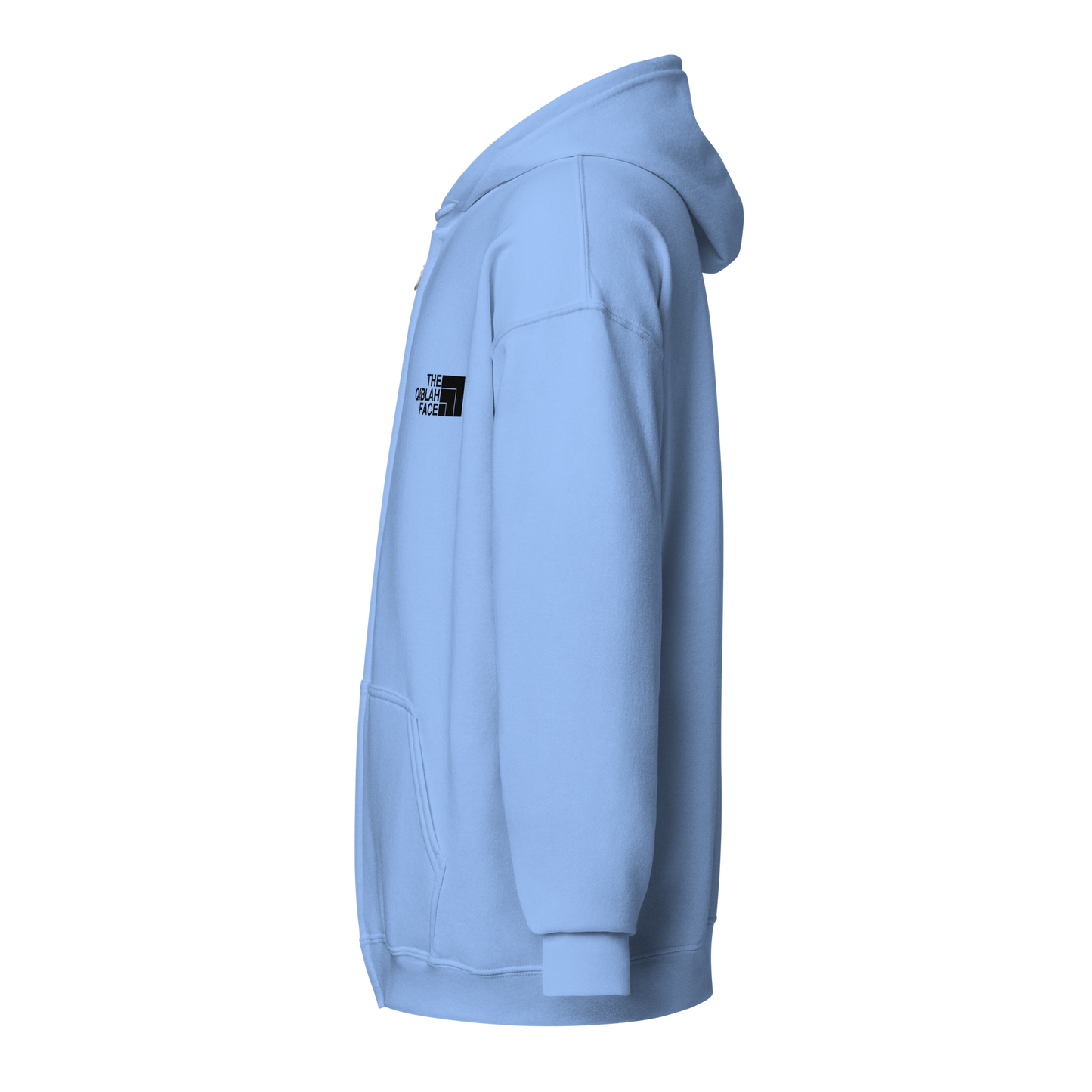 HOODIE Zip Heavy Blend (Adult) - THE QIBLAH FACE (Left Chest) w/ LOGO (Back) - Black