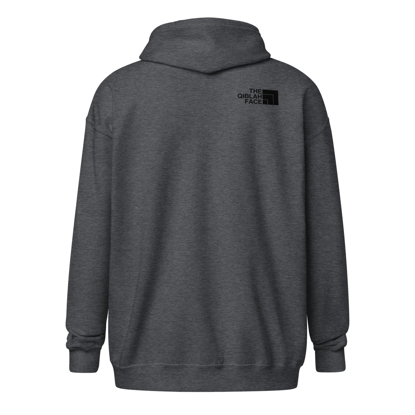 HOODIE Zip Heavy Blend (Adult) - THE QIBLAH FACE (Left Chest) w/ LOGO (Back) - Black
