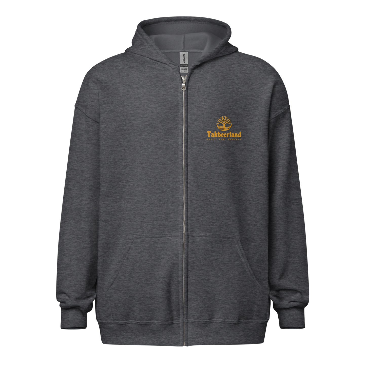 HOODIE Zip Heavy Blend (Adult) - TAKBEERLAND FULL LOGO (Left Chest) - Gold